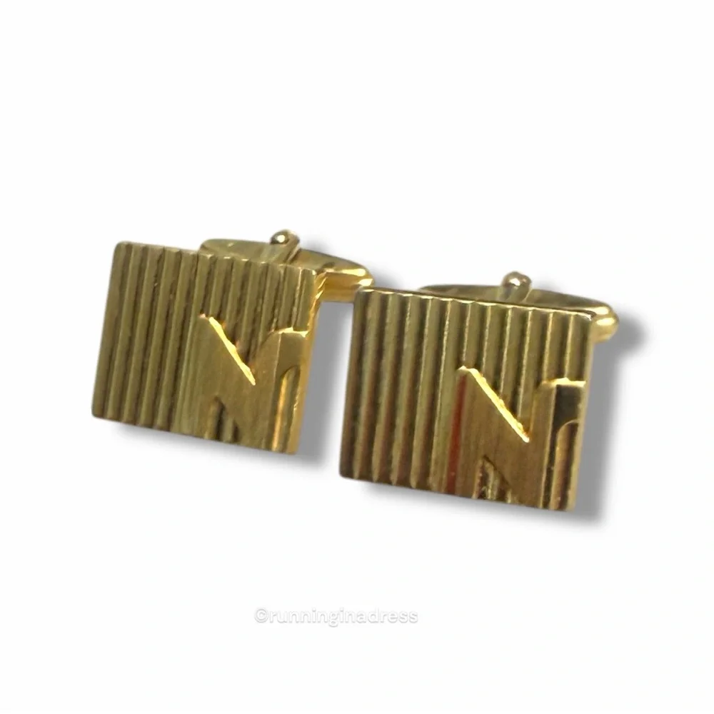 VTG 1980s Nina Ricci Gold Ribbon Textured N Monogram Cufflinks